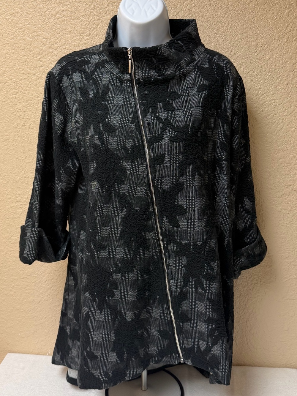 4/$20 Comfy USA Black Patterned Asymmetrical Zip Trench Jacket